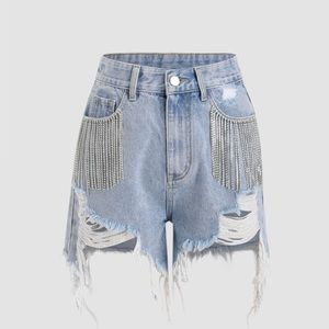 Diamond Tassels Ripped Denim Shorts